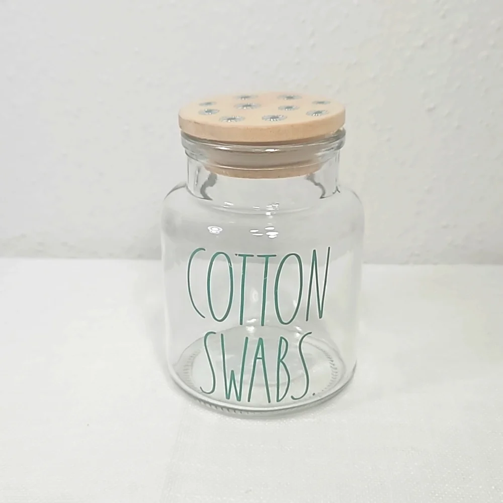 Rae Dunn Teal lettering with Daisies Cotton Swabs Empty Reusable Glass Jar